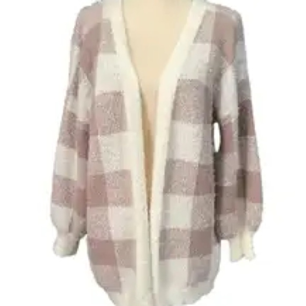 Altar'd State Cream and Tan Checkered Cardigan